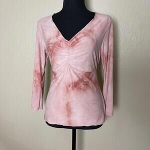Y2K Ruched Large Tie-Back Stretch Top Long Sleeve Blush Pink Abstract Print